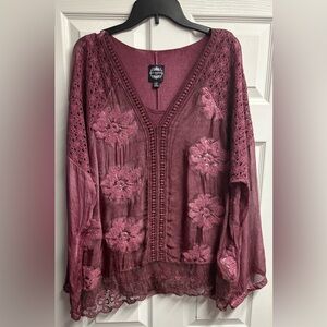 Le Marais Paris Silk Blend Blouse W/ Lace And Embroidery Size XL